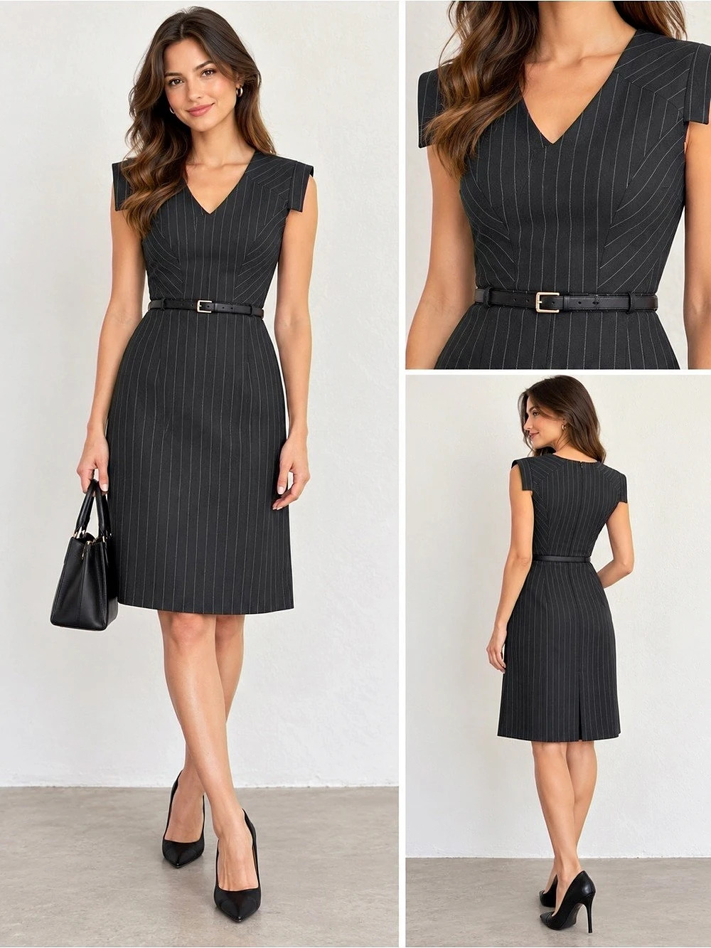 Antonio Melani Pinstripe V-Neck Cap Sleeve Sheath Dress Sheath Midi Dress Size 4